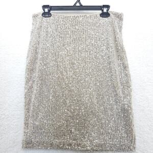 DKNY Sequin Skirt Womens 10 Cream Lined Stretc Shimmer Knee Length Slit Back Zip